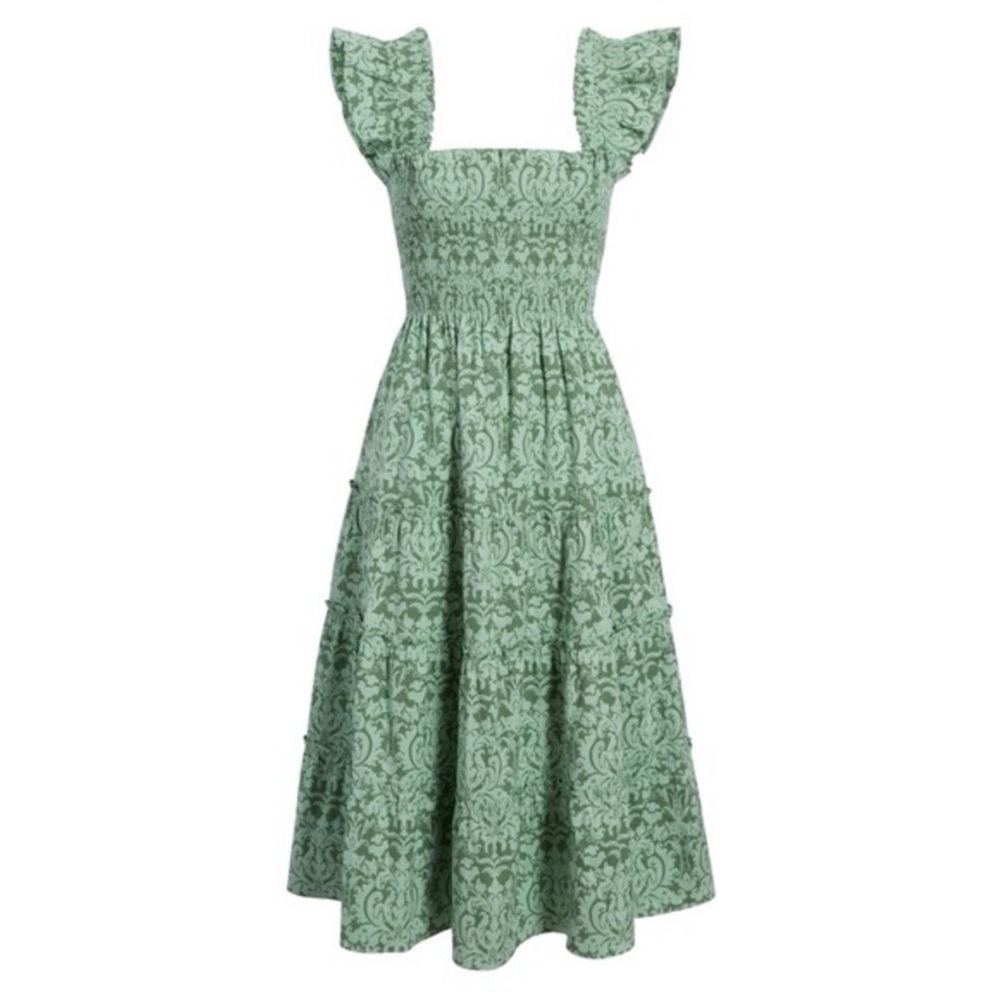 The Ellie Nap Dress in green jacquard, worn once